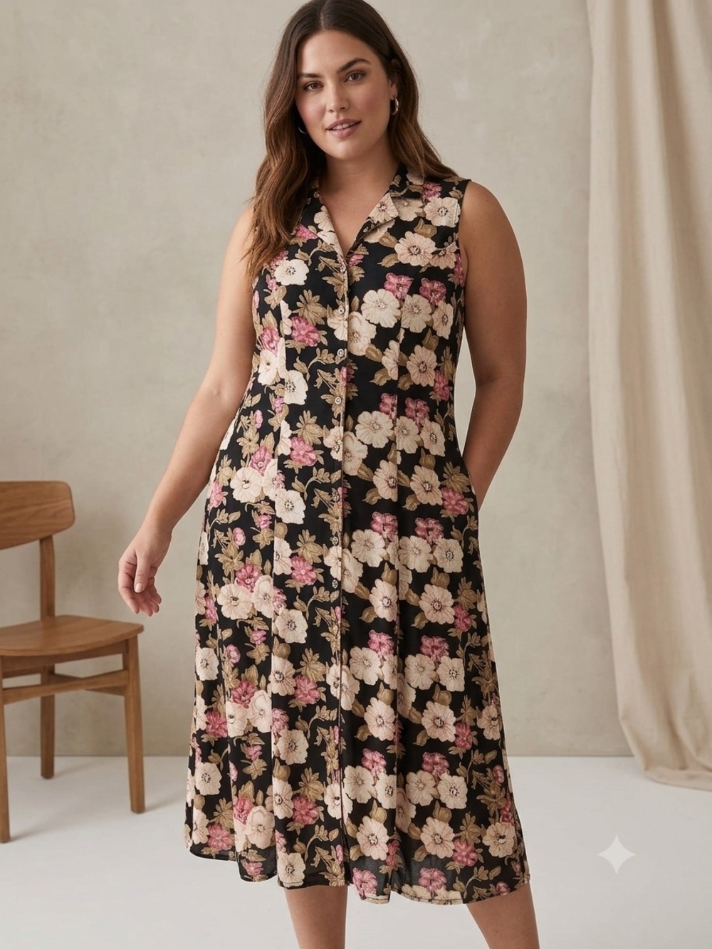 Vintage Casual Corner Annex Black Maxi Dress Pink & Cream Floral Print WD 54